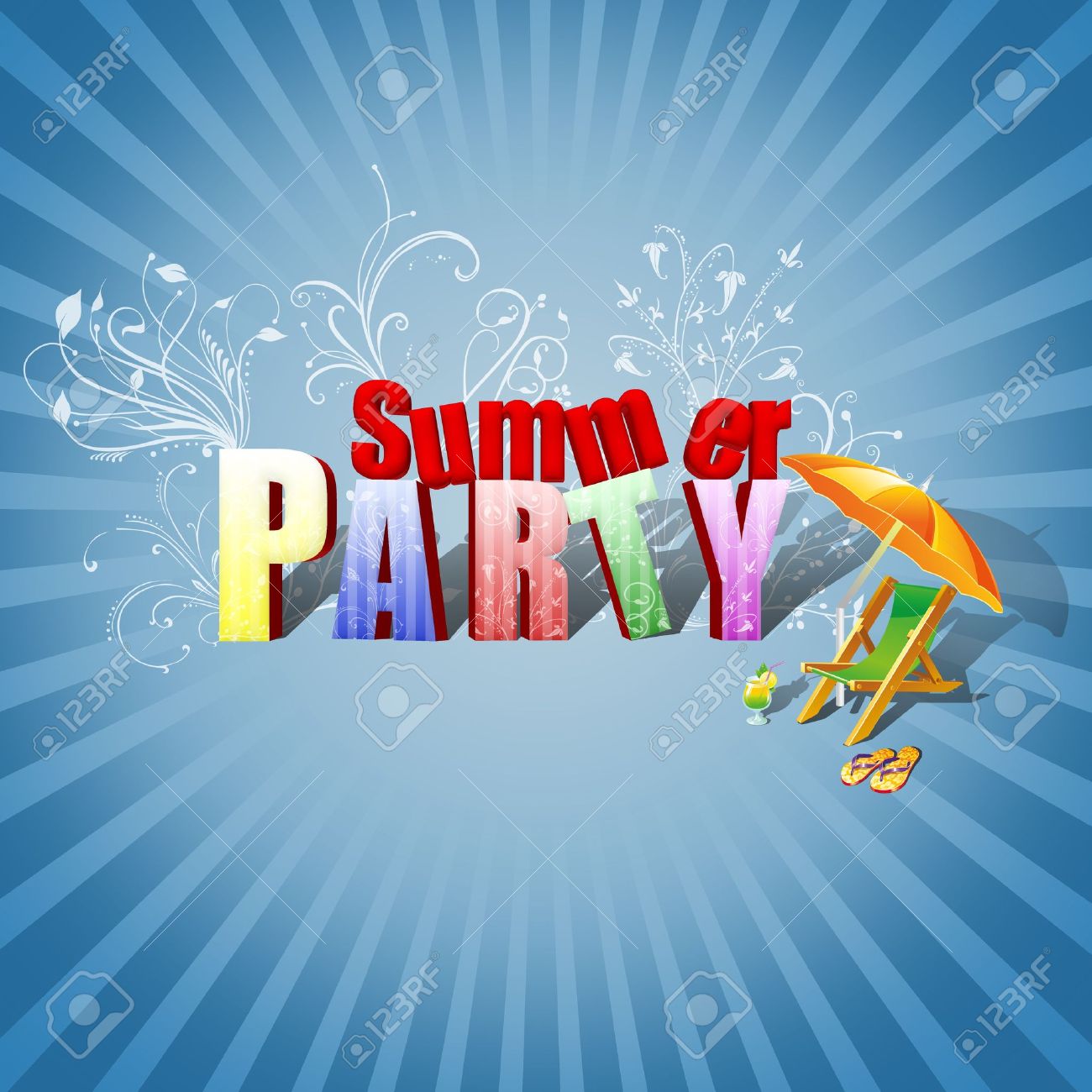 15178723-Summer-Party-Illustration-Colourful-3D-Text-decorated-with-floral-ornaments-a-beach-lounger-a-cockta-Stock-Illustration.jpg